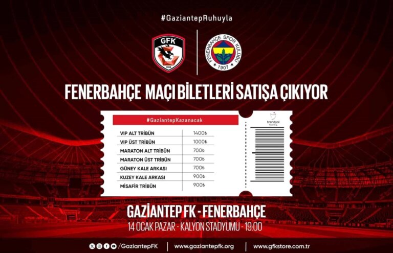 Gaziantep-Fenerbahçe Maçının Biletleri Satışa Çıktı