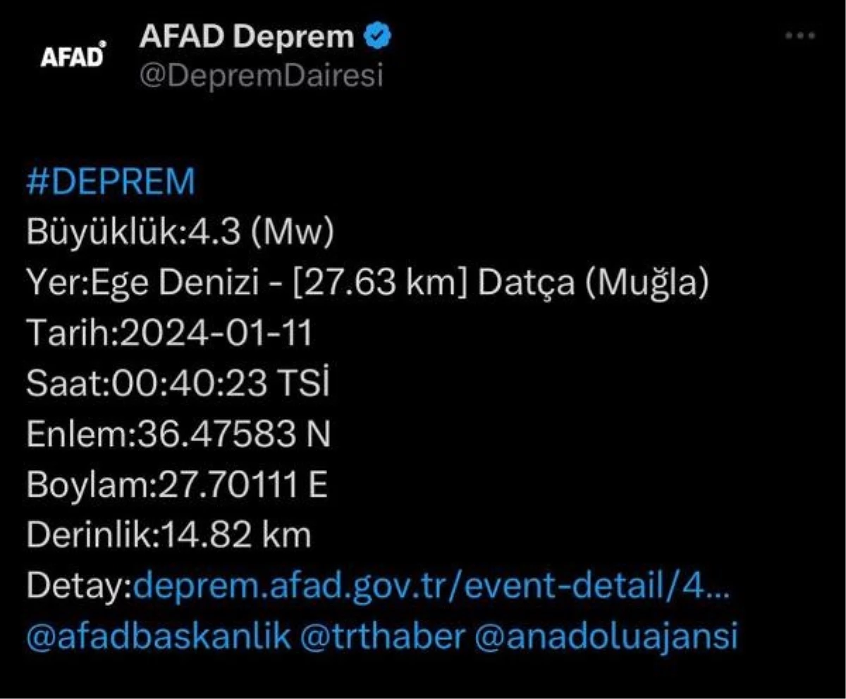 Muğla’nın Datça ilçesinde 4.3 büyüklüğünde deprem meydana geldi