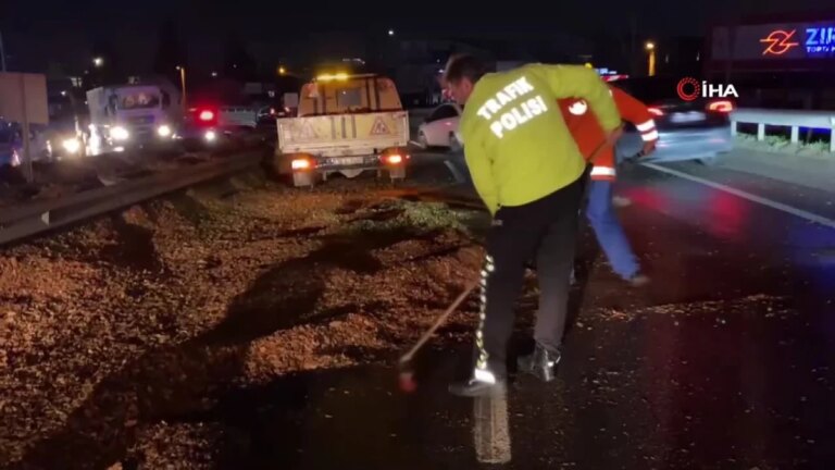 Polis eline aldığı fırçayla devrilen tırdan yola dökülen talaşı temizledi